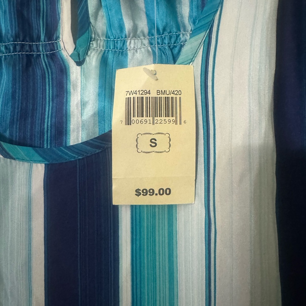 NWT Lucky Brand 100% Silk Striped Cap Sleeve Blouse Top Blue Teal Women’s Small - Picture 7 of 10